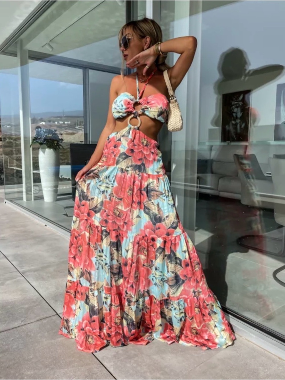 Blithe Los Angeles Coral & Aqua Tropical Maxi Dress